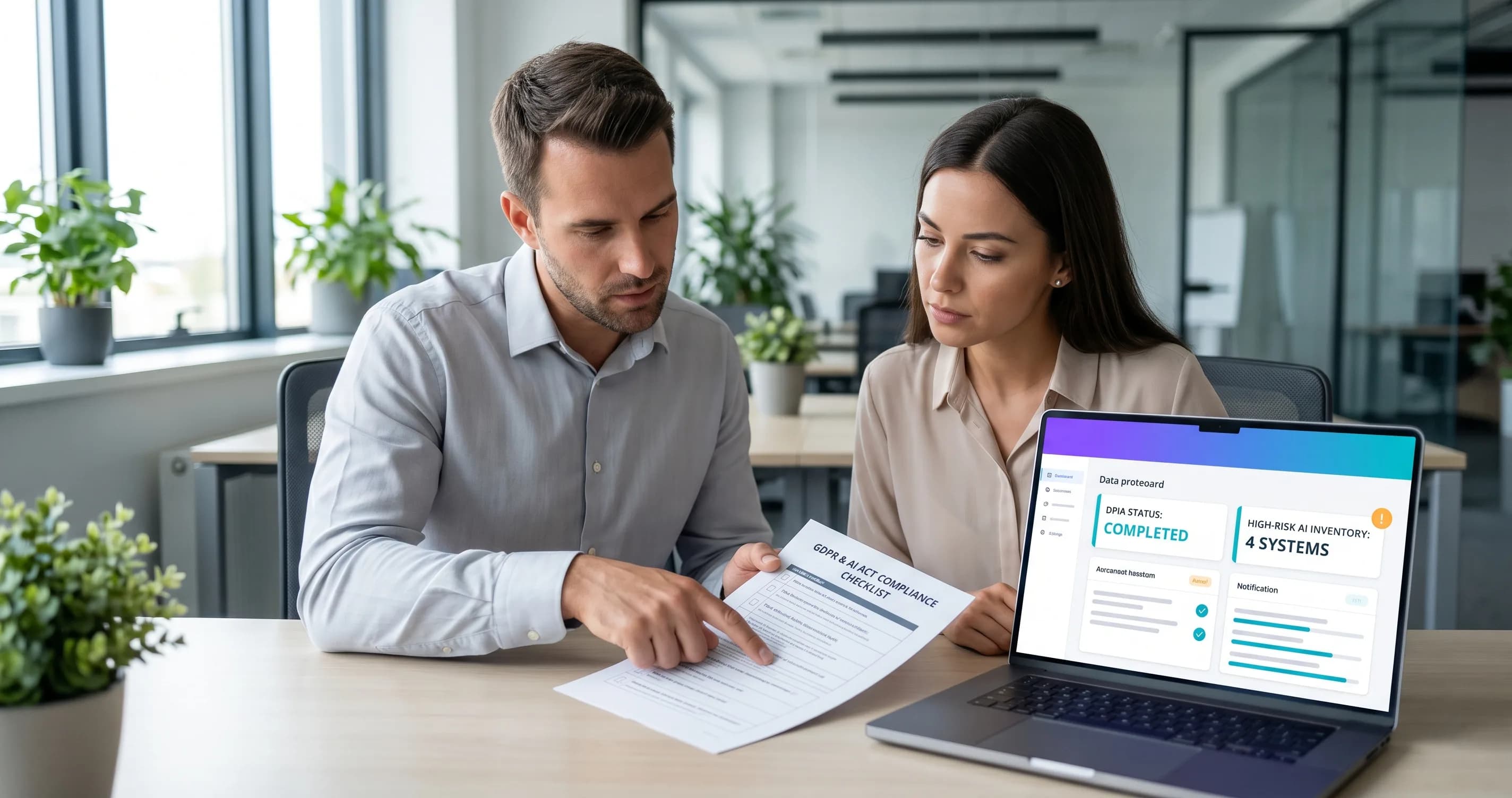 Two professionals reviewing GDPR compliance documentation for AI deployment at an office desk