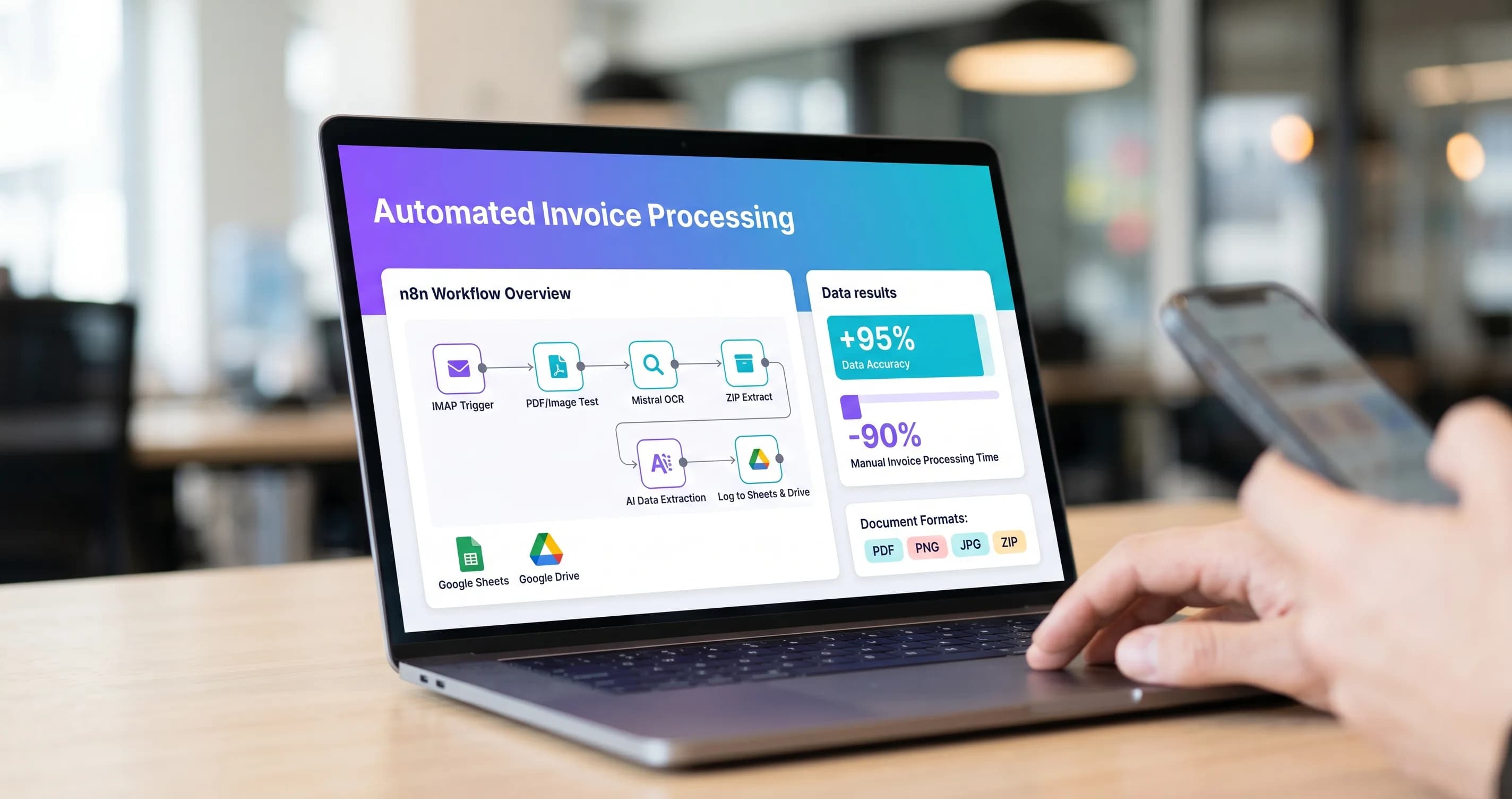 Laptop in office displaying an n8n invoice automation dashboard, saving 90% time with 95% accuracy.