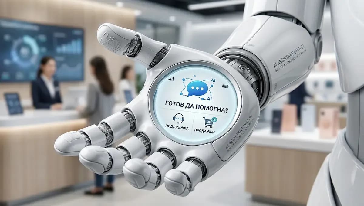 Robotic hand as a symbol of chatbot automation, customer service AI, and sales interface.