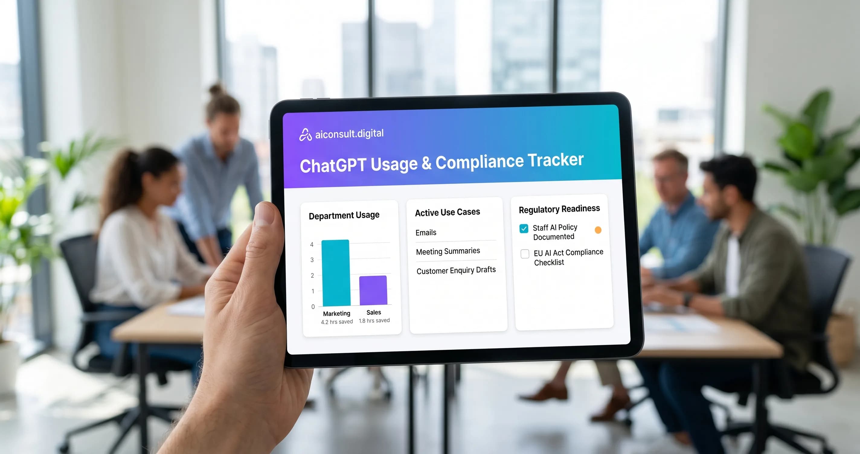 Hand holding a tablet displaying a ChatGPT usage and compliance tracker dashboard in a modern office setting