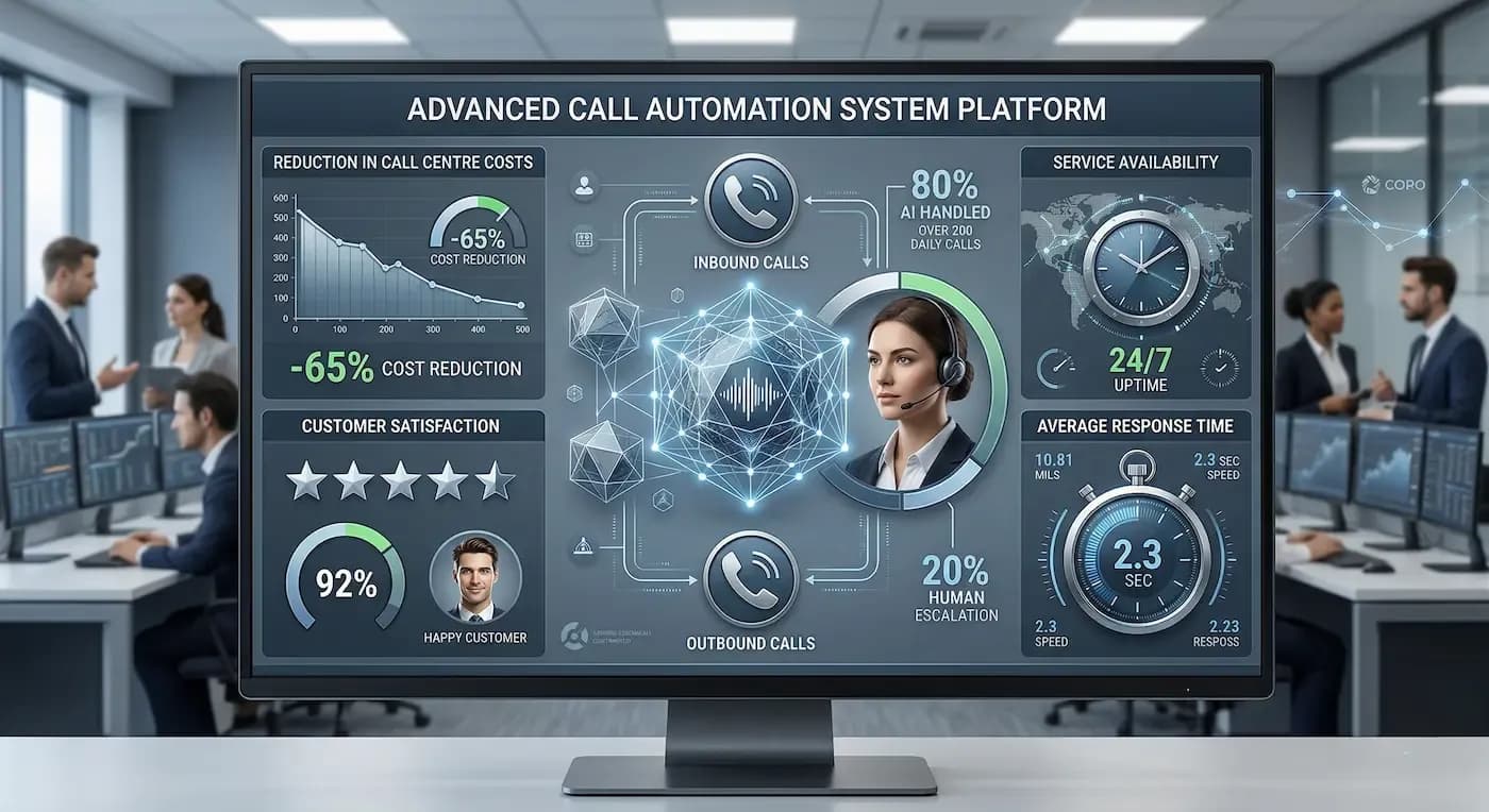 Advanced Call Automation System Platform dashboard showing key metrics like -65% cost reduction, 92% customer satisfaction, and 24/7 uptime.