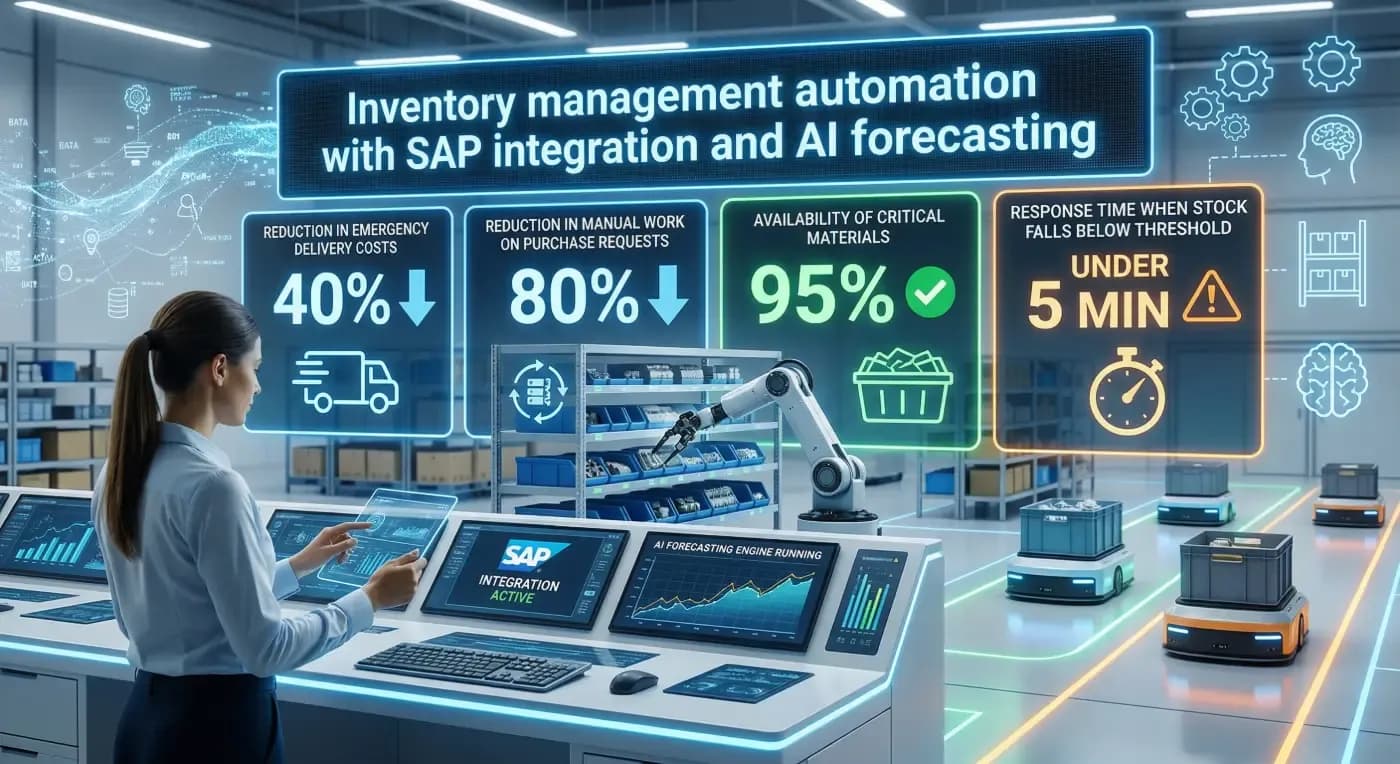 Smart warehouse dashboard displaying SAP inventory automation metrics: 40% cost reduction and 80% less manual work.